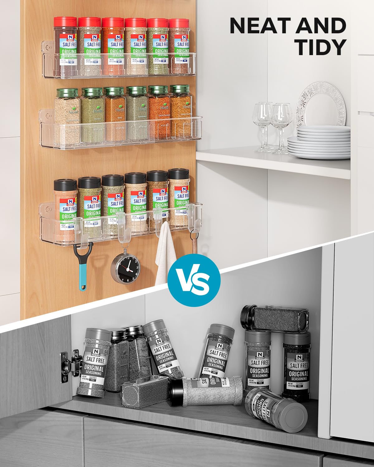 Nieifi Spice Rack Wall Mount, 4 Pack, Clear, 2 Inch Wide, Screw or Adhesive Installation, Spice Rack Organizer for Small Spice Jars, Suitable for Kitchen Cabinet or Pantry Door