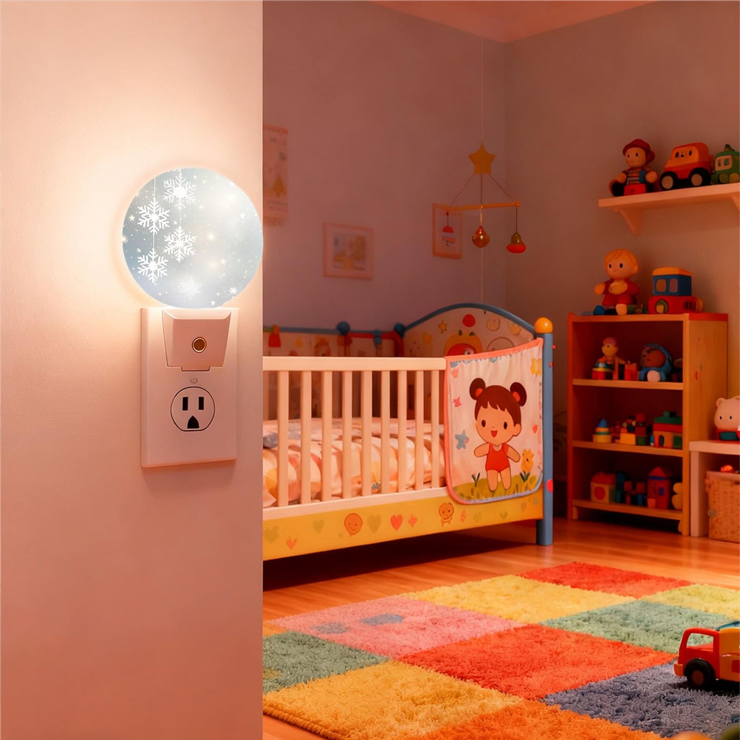 Mugod Winter Snowflake and Starry Scene Plug-in Nightlights Merry Christmas Night Light Plug into Wall with Dusk-to-Dawn Sensor LED Lighting 0.5W Sleep-Friendly