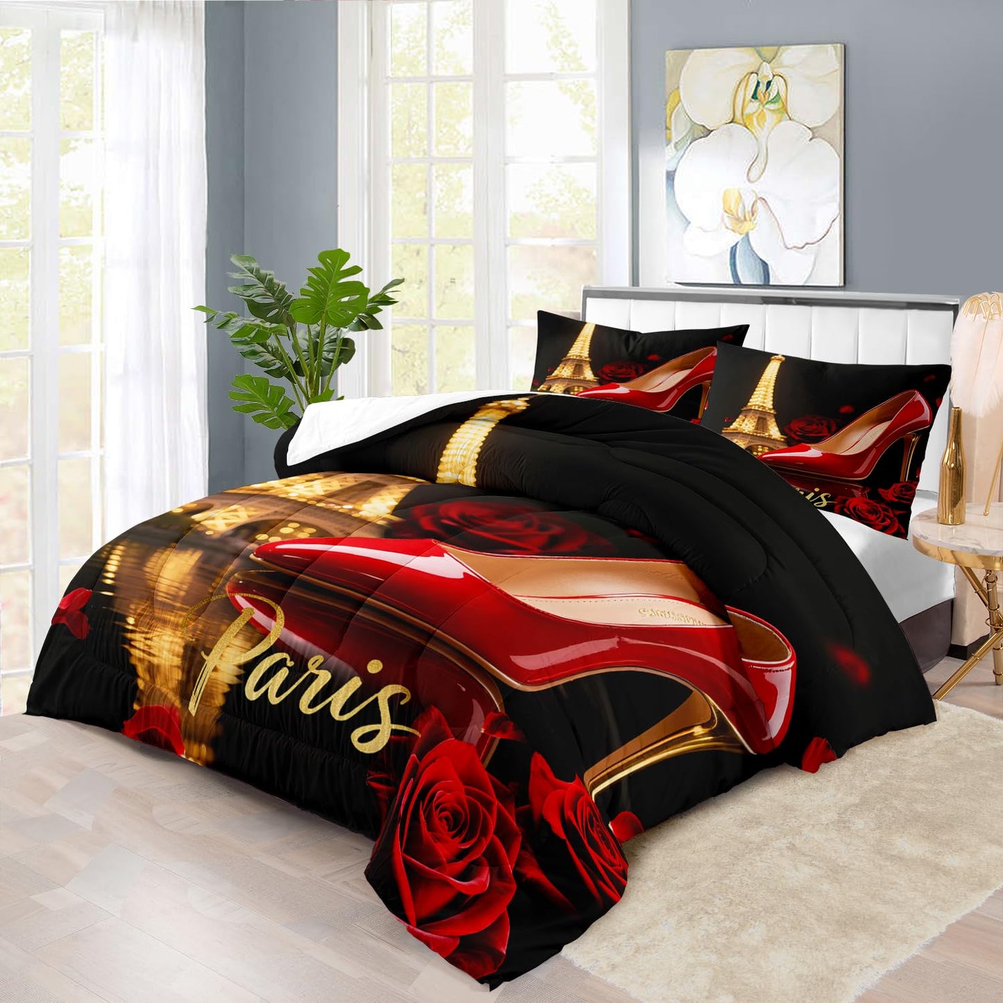 llyxsesty Paris Comforter Set King Women Eiffel Tower Bedding Set for Girls Red High Heels Comforter King Women Quilt Romantic Bedroom Decor Paris Bedding Rose Bed Decor
