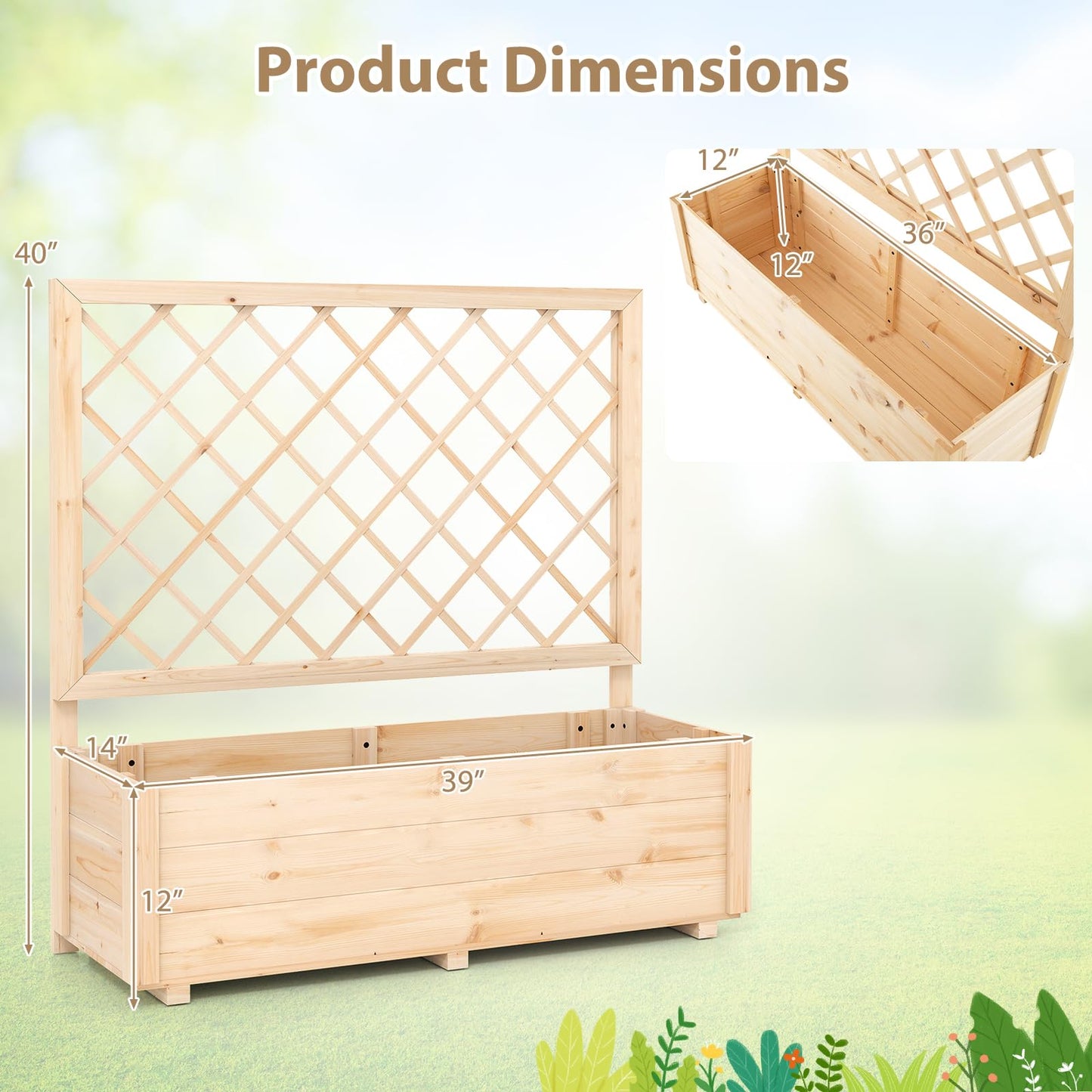 Giantex Raised Garden Bed with Trellis, Drainage Hole, Wood Elevated Planter Box for Climbing Vine Flower Herb Vegetable Fruit, Planting Container for Indoor Outdoor Patio Balcony (39”x14”x40”)