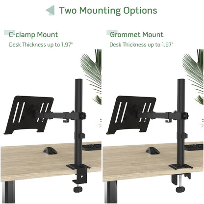 Laptop Desk Mount, Single Laptop Stand Arm with Vented Tray for 17 inch Notebook or 14”-32” Monitor, Holds up to 17.6 lbs, Fully Adjustable, Clamp/Grommet Mounting, VESA 75/100mm