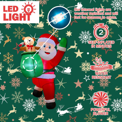 BLOWOUT FUN 4FT Christmas Inflatable Hanging Santa with Gift Bag Decorations, Blow Up Climbing Santa with Build-in LED for Xmas Party, Outdoor, Yard, Garden, Lawn Winter Decoration