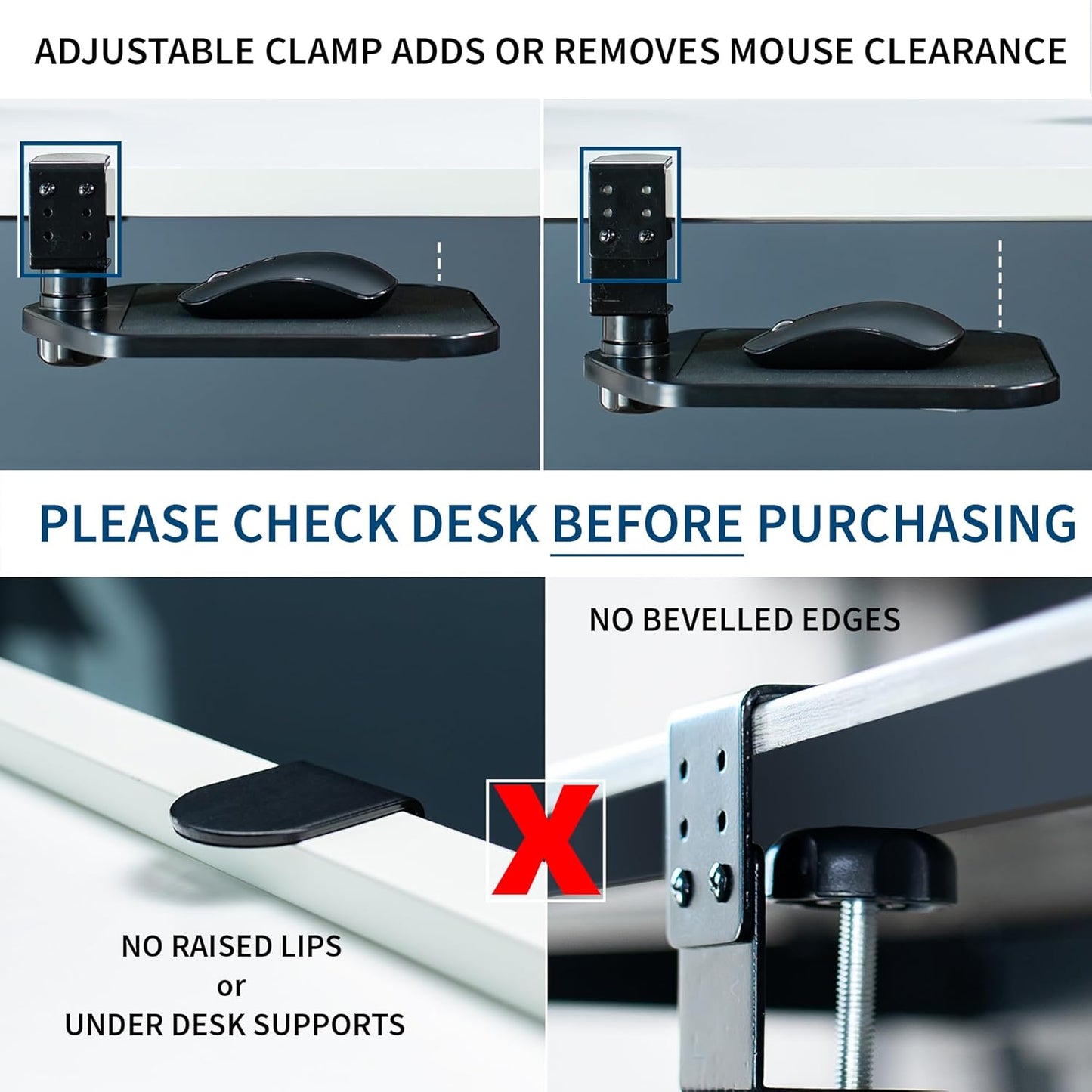 VIVO Clamp-on Mouse Pad Holder Platform, Adjustable Under Desk 360° Rotating Tray Rest Extension Attachment, up to 2 inch Desktops, Black, MOUNT-MS01A