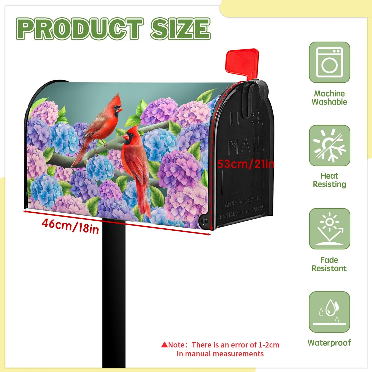 Summer Hydrangea Mailbox Cover Spring Cardinal Bird Mailbox Covers Magnetic Standard Size 21x18 in Blue Purple Floral Post Letter Box Cover Wrap for Home Farmhouse Garden Decor