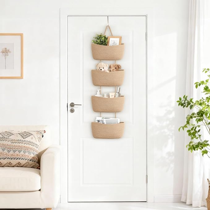 Dahey Over The Door Hanging Basket 4-Tier Woven Boho Wall Mounted Storage