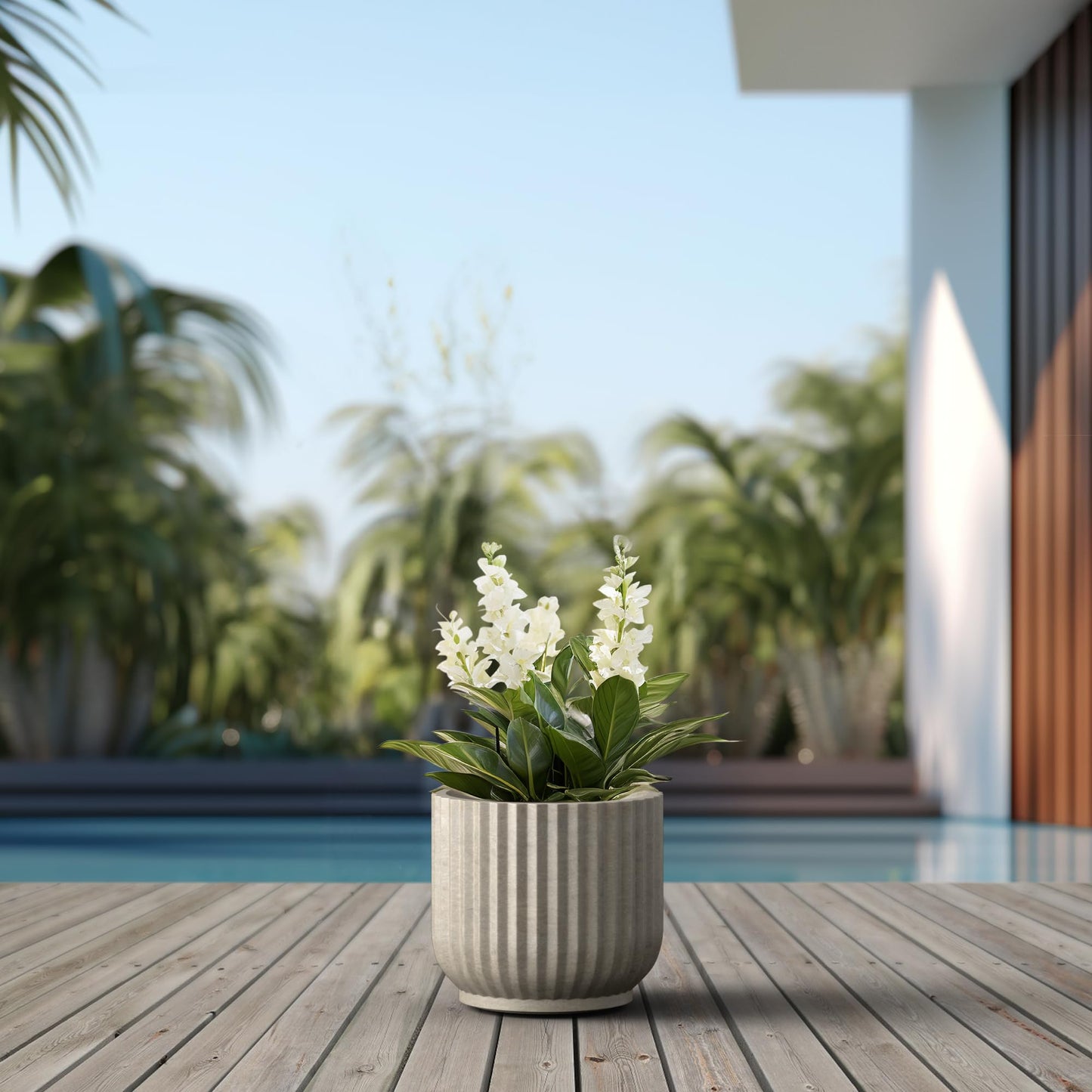 Kante Round Fulted Planter, 11 Inch Dia Large Concrete Plant Pots with Drainage Hole and Rubber Plug, Modern Decor for Indoor Outdoor Plants, Flower, Weathered Concrete