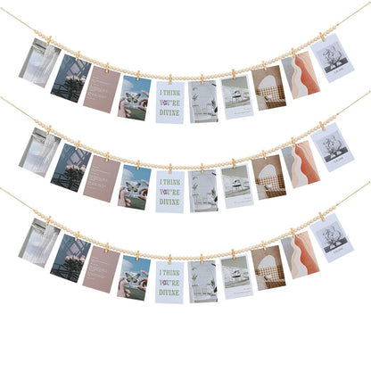 Hanging Photo Display with Clips, Boho Wooden Bead Garland Collage Picture Frame Wall Decor, Photo String with 10 Clips for Bedroom Room Dorm Cubicle Decor, Christmas Teen Girls Gifts , 3 Pack