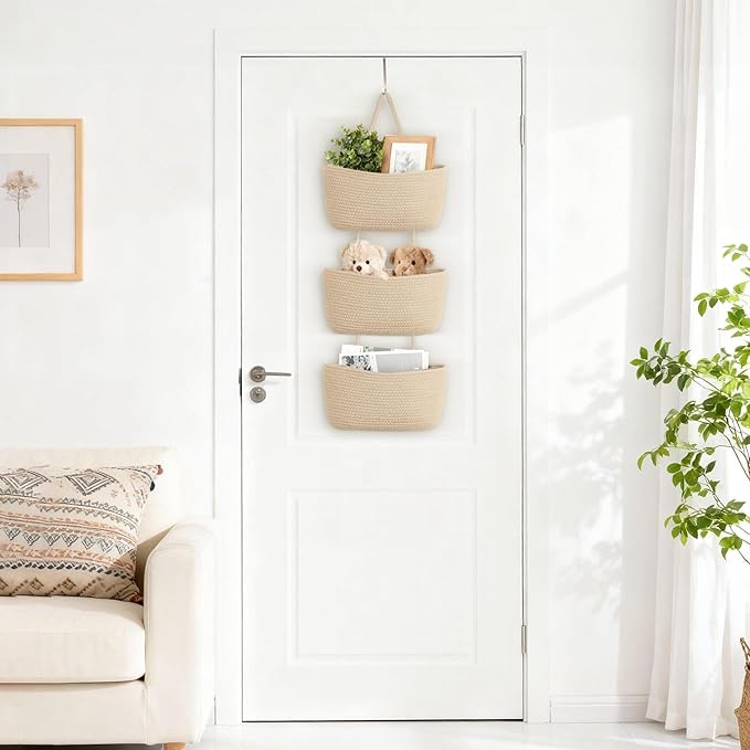 Dahey Over The Door Hanging Basket 3-Tier Woven Boho Wall Mounted Storage