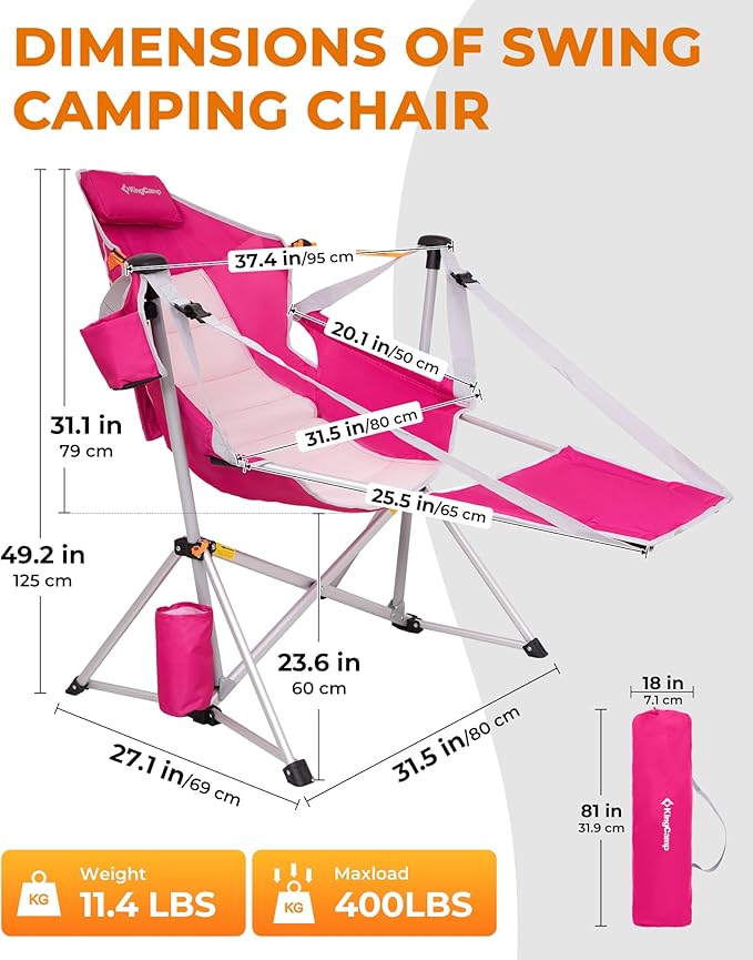 KingCamp Hammock Chair with Footrest – Heavy Duty Swinging Rocking Camping Chairs for Adults up to 400lbs, Folding Portable Oversized Rocker with Cup Holder & Pillow for Outdoor Beach Lawn RV Sports