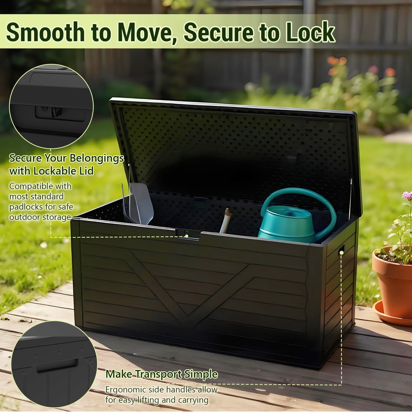 MAKE CHANGES 260 Gallon Outdoor Storage Box, Waterproof Resin Double-Wall Deck Box Organizer with Removable Dividers for Patio Cushion Storage, Lockable Outside Container for Garden Tools