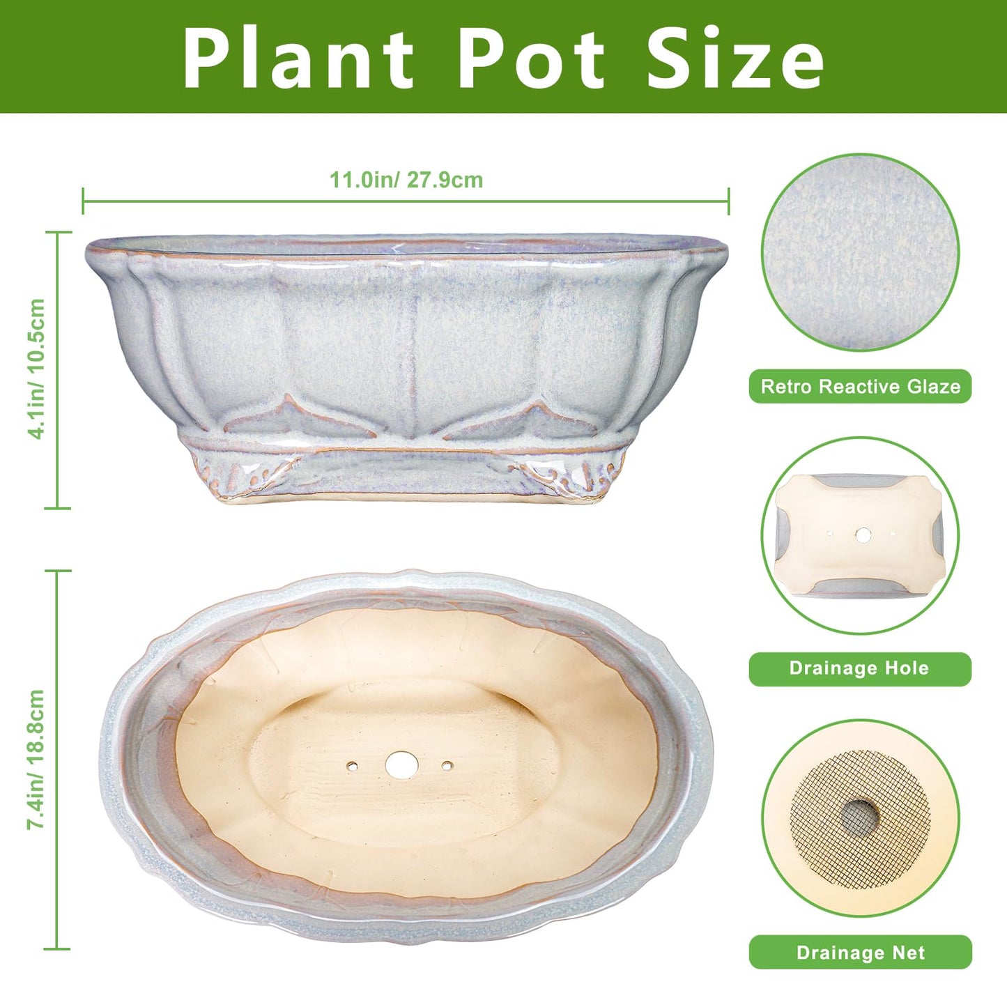 Teagas 11 Inch Bonsai Pots - Ceramic Bonsai Planters for Indoor Outdoor Plants, Succulent Pots with Drainage Hole, Shallow Planter, Decorative Flower Pot, Home Decor, House Warming Gifts, Oval Grey