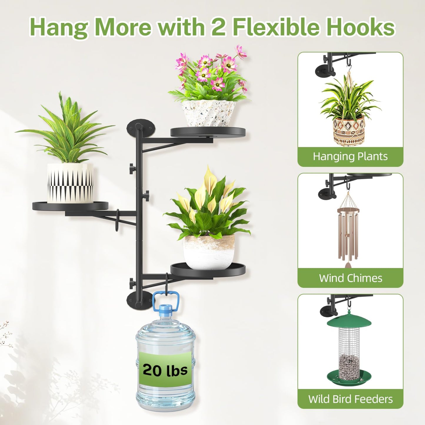 iDavosic.ly Rotating Window Plant Shelves, 3-Tier Metal Wall Stand with 2 Hooks, Flower Display Holder Rack for Living Room, Space Saving, Modern Black (Pots/Chains/Plants Not Included)
