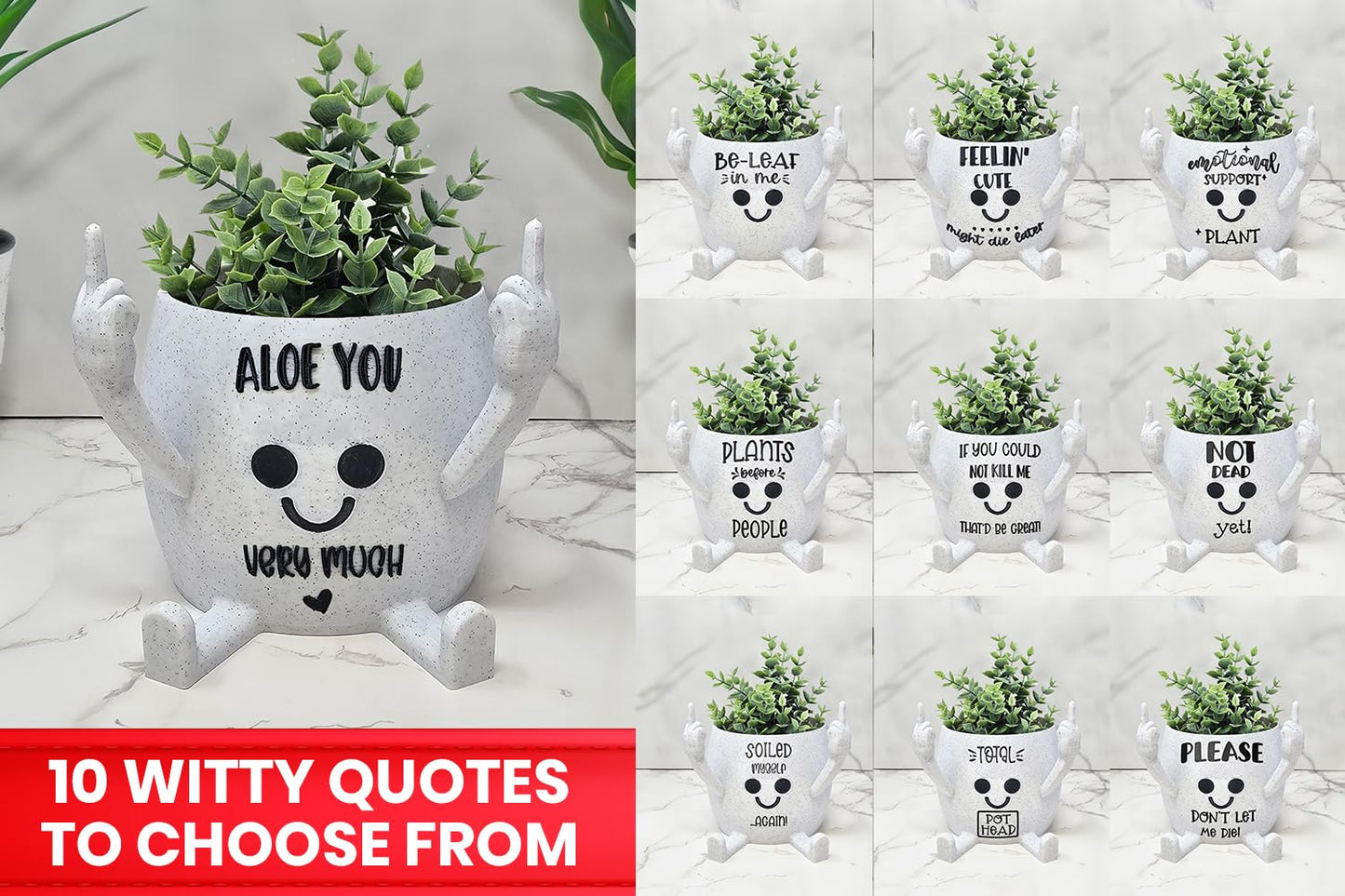 Funny Face Head Planter Pot, Unique Small Succulent Flower Pot, Cute Cactus Planter, Indoor Outdoor Home Decor, Office Desk Plant Pot, Novelty Gardening Gift Set (Please Don't Die, Medium)