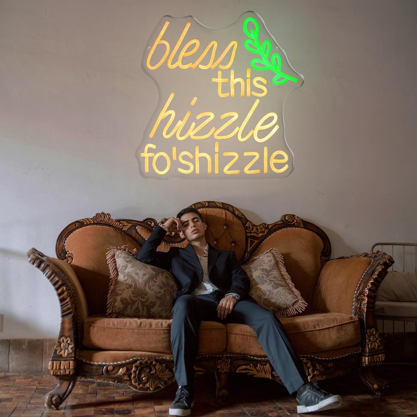Bless This Hizzle Fo' Shizzle Neon Lights Warm White Letters LED Lamp Funny Humor Light up Farmhouse Rustic Decorations for Home Porch Living Room Office Decor
