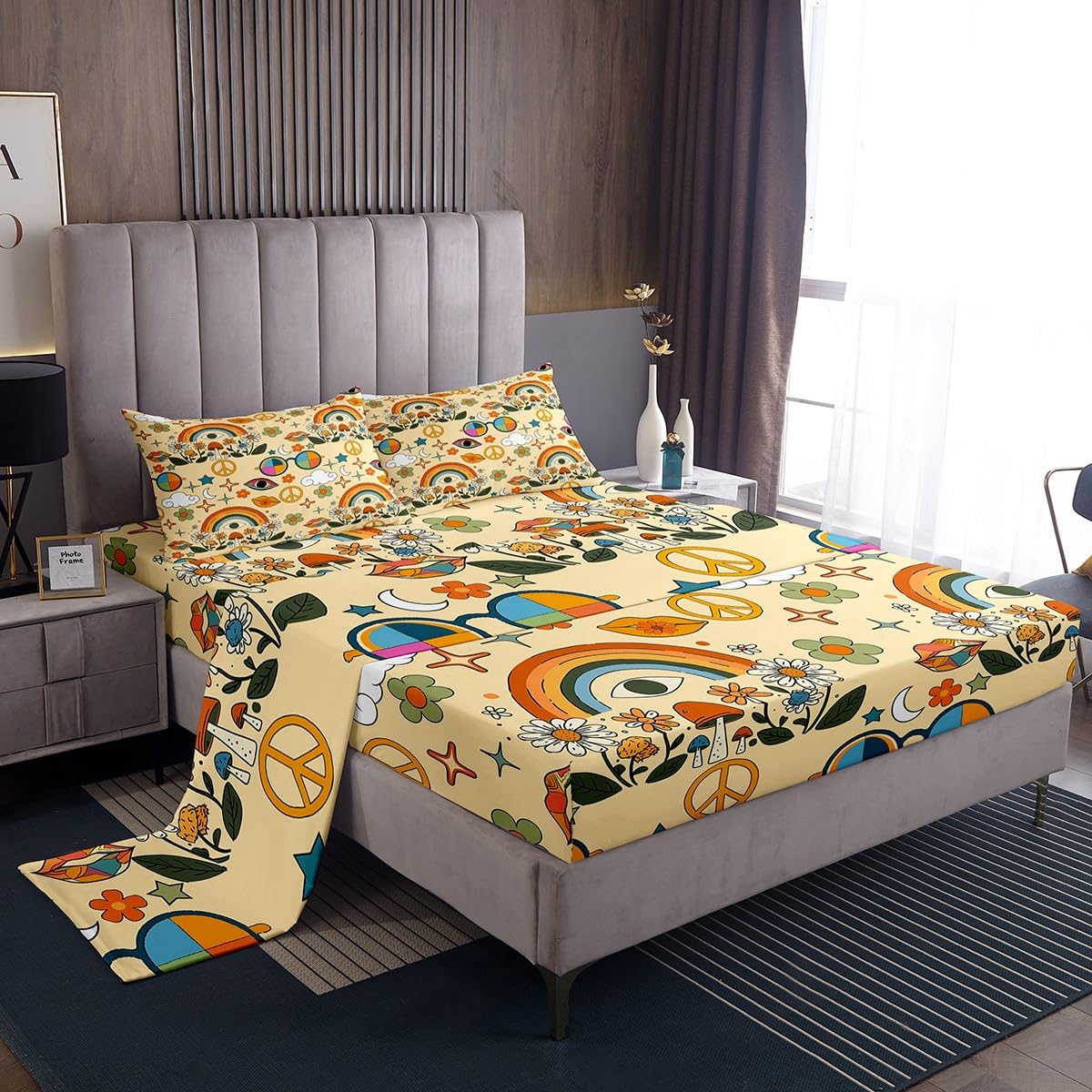 Castle Fairy Retro 70s Hippie Style Bed Sheet Set Twin Size,Mushroom Fitted Sheet + 1 Flat + 1 Pillow Sham,Rainbow Floral Stars Moon Bedding Set for Kids Boys Xmas Gift, Soft Fabric