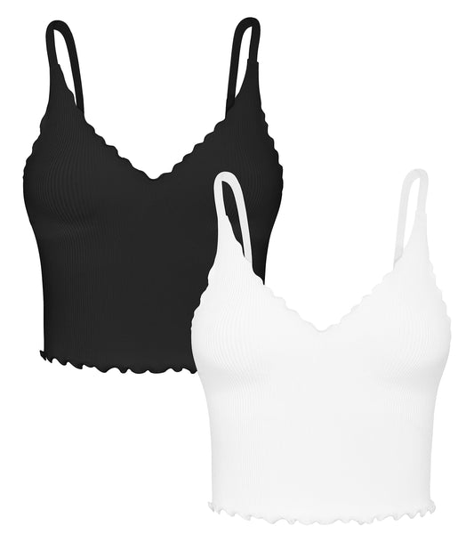 Sunzel Tank Top for Women, V Neck Cropped Seamless Ribbed Camisole with Ruffles for Workout Yoga Lounge (Black&White M-L)