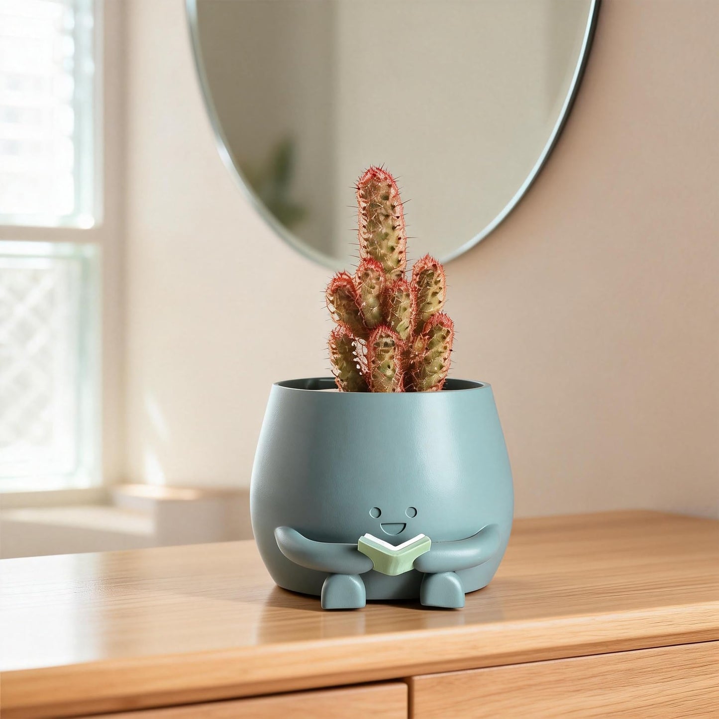 ZSHAWN Smiley Face Planter, Book Lover Plant Pot, Resin Bookworm Planter with Drainage Hole Plug, Cute Reading Succulent Pot Happy Face Indoor Desk Bookshelf Home Decor Blue