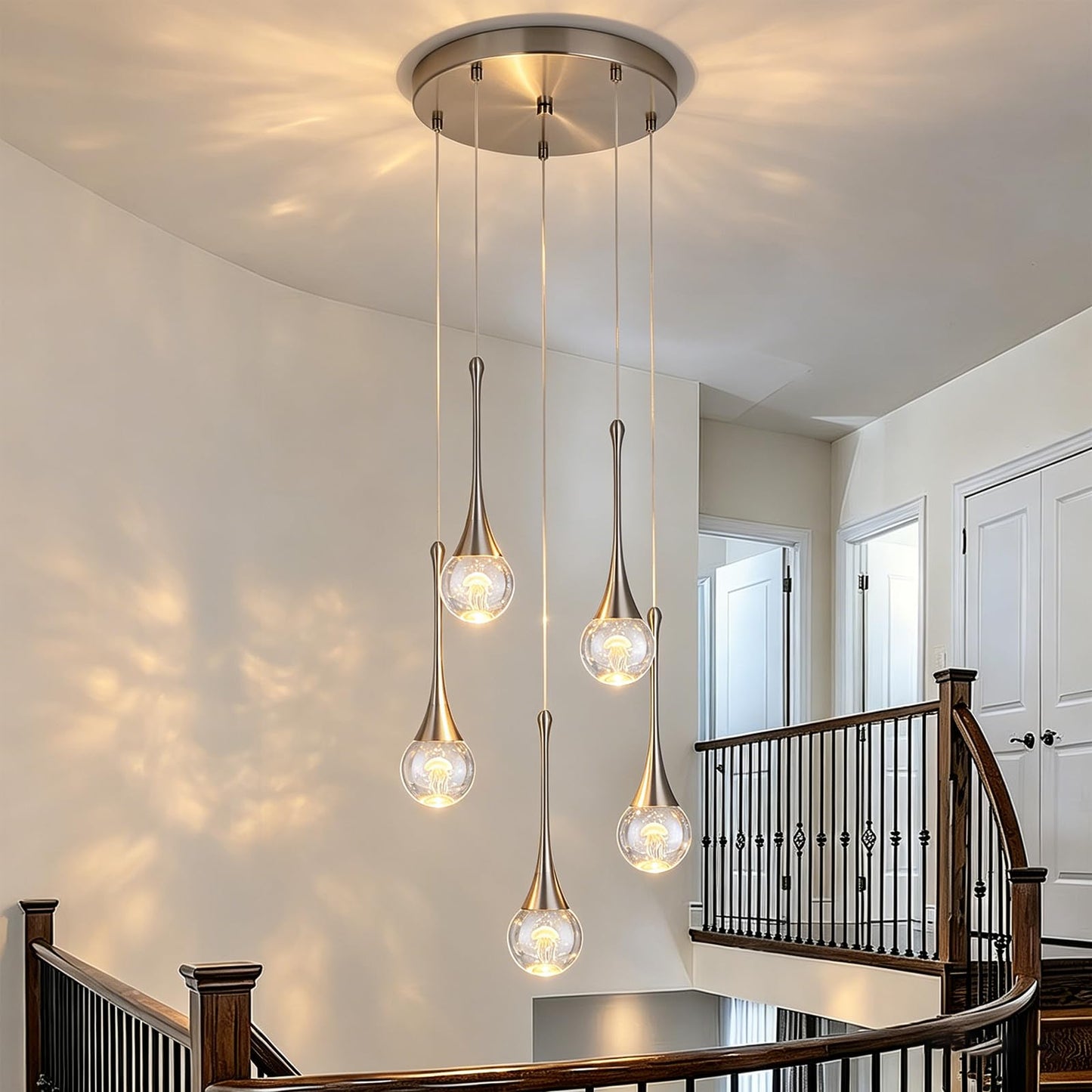 QueeuQ 5 Lights Crystal Raindrop Staircase Chandelier Pendant Lights,Modern Brush Nickel Chandelier Jellyfish Kitchen Island Light Fixtures,Dimmable Spiral LED Globe Ball Ligh for Dining Room