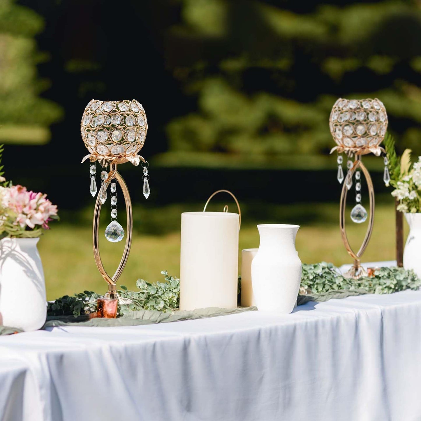 kehail 2 Pcs Gold Elegant Metal Crystal Tea Light Candle Holders with Bling Crystal Pendants, Hollow Design - Wedding Table Centerpieces for Anniversary Birthday Party, Home Decor
