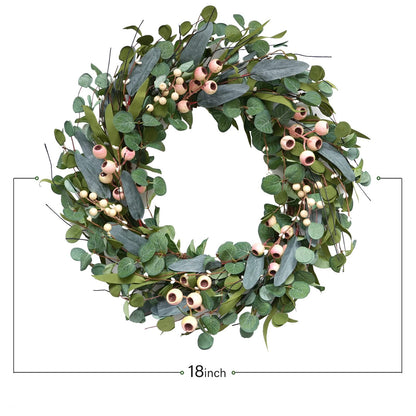 Bibelot 20inch Artificial Eucalyptus Wreath Green Leaves White Berry Big Berries Wreath for Front Door All Seasons Decoration Year Round Decor Home Decor