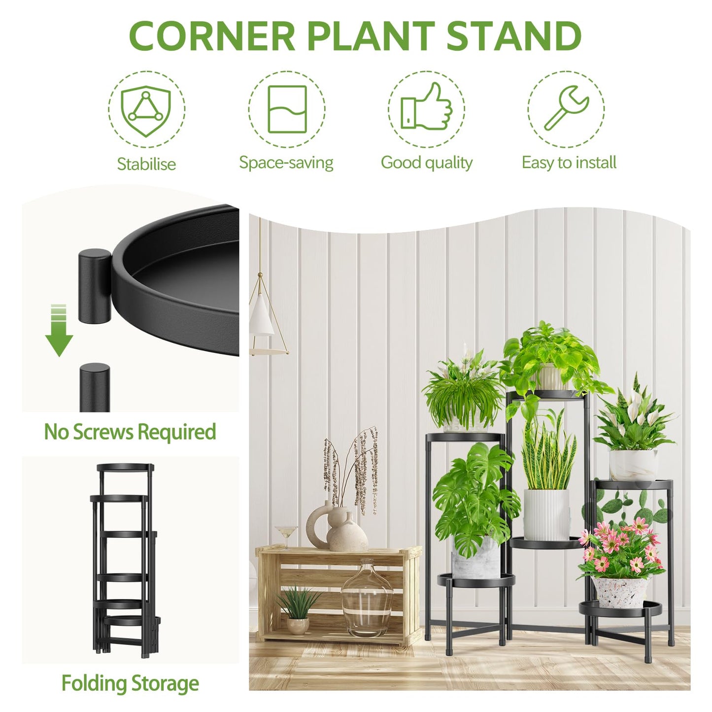 iDavosic.ly 6 Tier Large Plant Stand Indoor with 10 Inch Wide Tray, Tiered Corner Metal Outdoor Flower Display Holder Shelf, Folding Tall Rack for Patio Porch Living Room, Modern Black