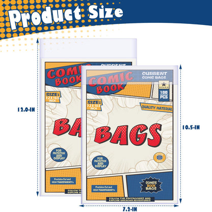 100 Count Comic Book Bags, Current Size Comic Bags 7.2 X 10.5 inch Transparent Acid-Free and Reusable Comic Book Sleeves for Regular Comics