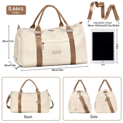 FIORETTO Womens Gym Tote Duffle Bag with Wet Pocket & Shoe Compartment, Sports Duffel Overnight Weekender Hospital Workout Carry on Bag for Girls, Ideal for Travel, Swimming, Dance, Ballet Beige