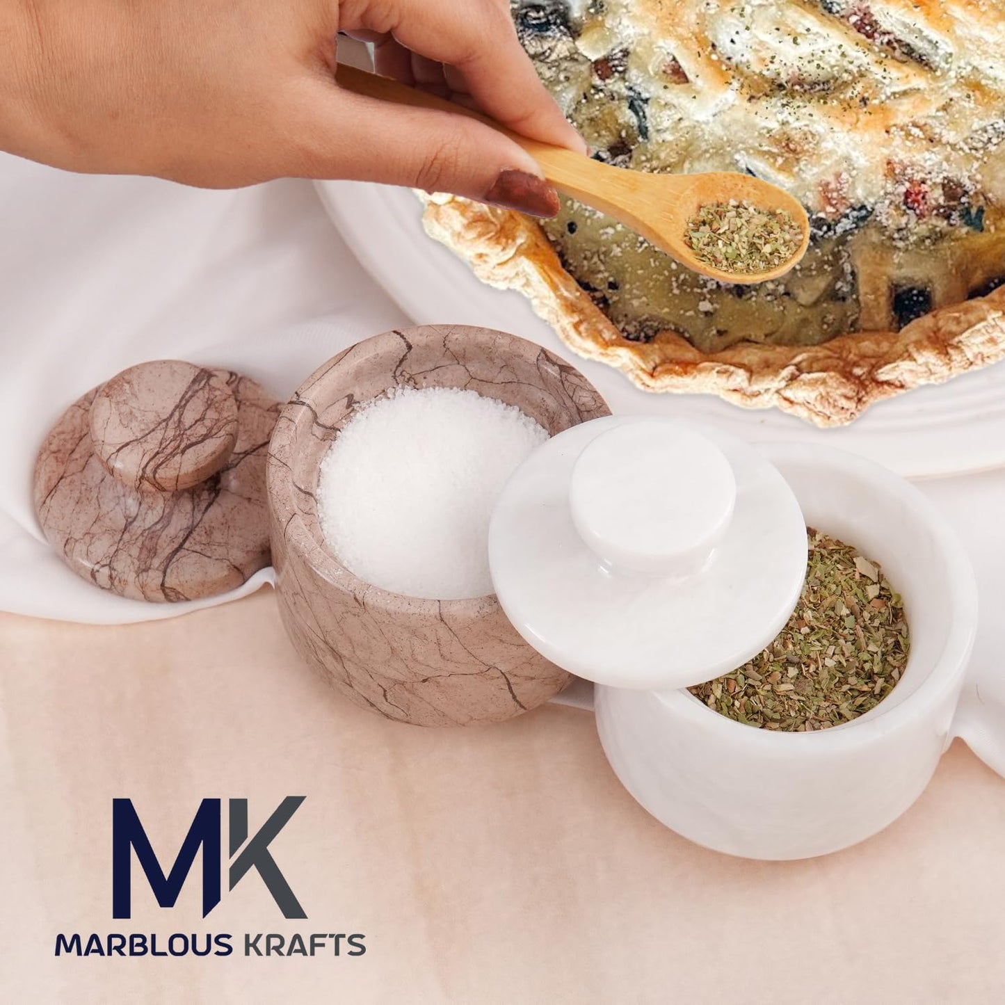 MARBLOUS KRAFTS Marble Salt Cellar with Lid 3" White and Marinara Salt, Pepper Bowls, Seasoning Containers Kitchen Storage, Perfect for Spice Jars
