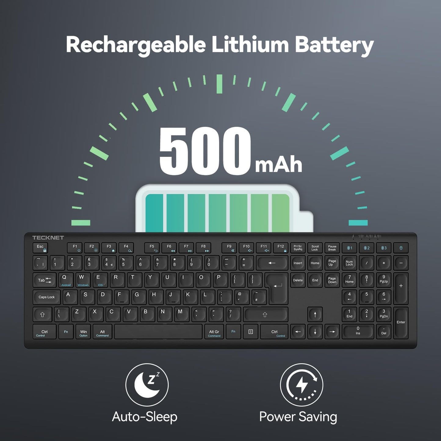 TECKNET Wireless Keyboard, Rechargeable 2.4GHz USB Bluetooth Keyboard for 4 Multi Devices, Ultra Slim Full Size UK Layout Keyboards for Computer, Laptop, Tablet, Desktop, Phone (Dark Black)