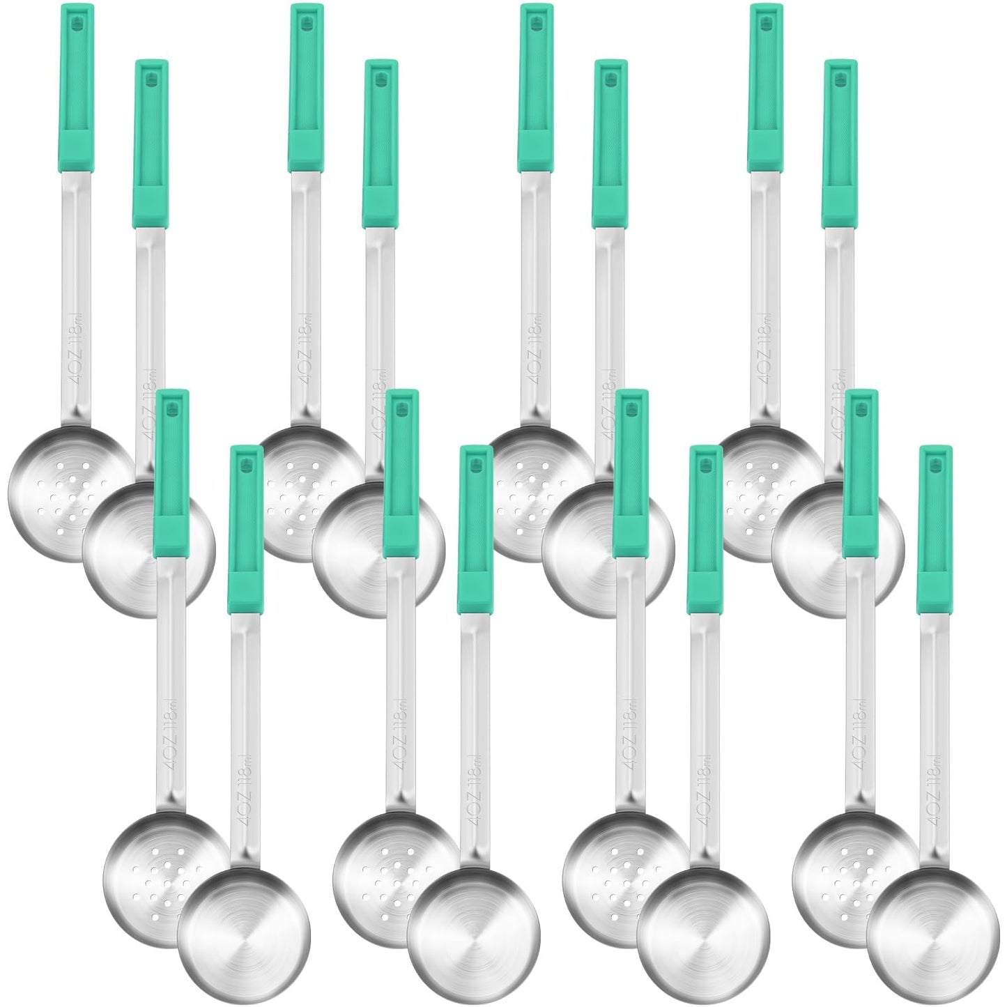 Teenyyou 16 Pcs Portion Control Serving Spoons, Restaurant Measuring Serving Ladle Utensils, Portion Control Slotted Scoops for Weight Loss, Solid and Perforated Scoops(Green,4 oz)