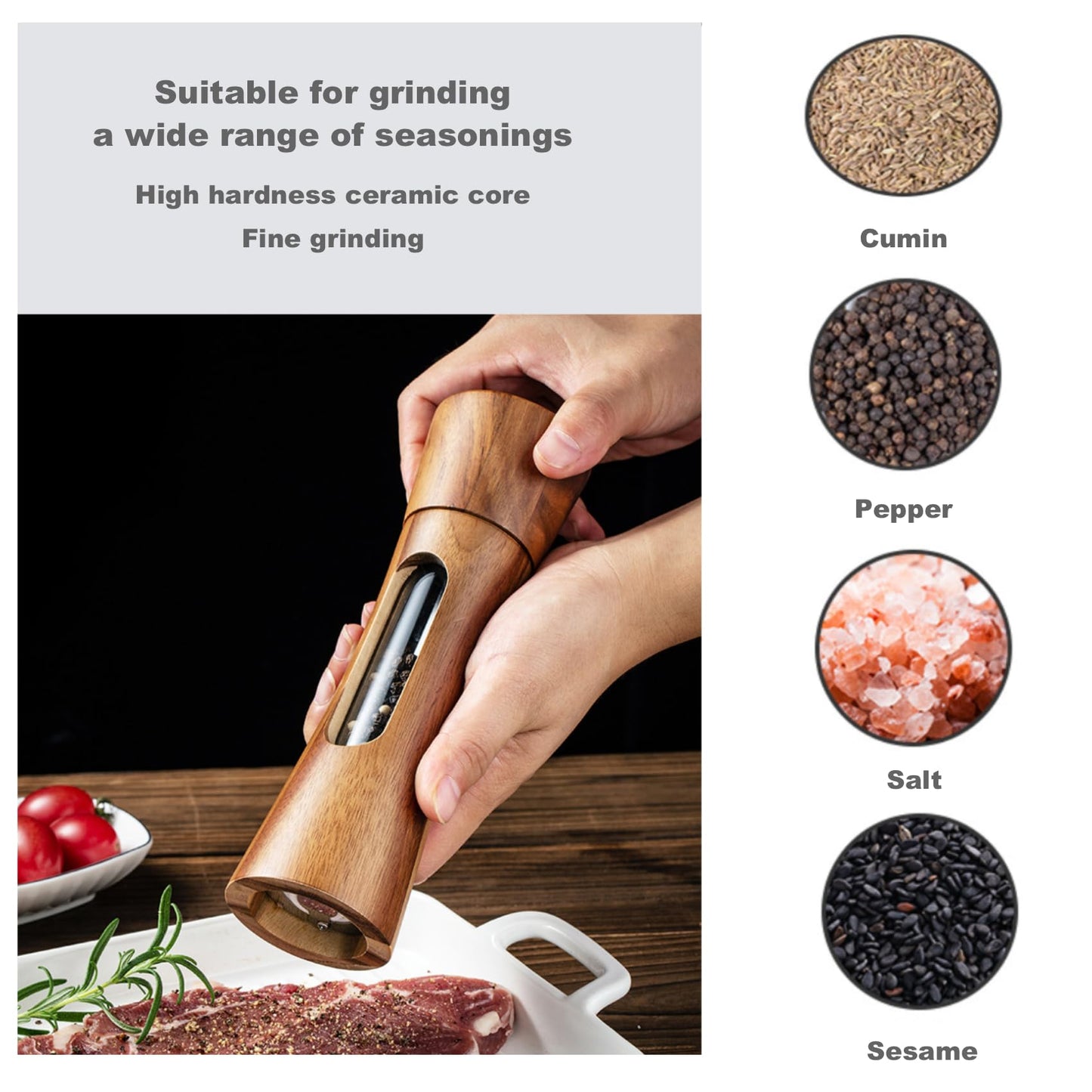 GCFTIFF Acrylic Wooden Salt and Pepper Grinder Set, Solid Acacia Wood Shakers with Adjustable Ceramic Steel Core,Manual Pepper Mill with Wooden Stand & Spoon(2pcs,8 inches)