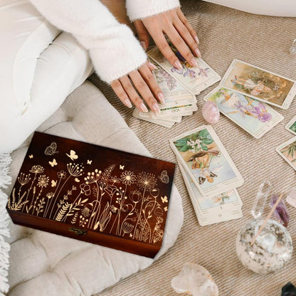arricraft 1 Pc Wooden Memory Keepsake Box, Wildflower Cluster Butterflies Engraved Pattern Rectangle Pine Tarot Box for Anniversary Jewelry Board Storage (9.45x5.51x3.54 Inch)