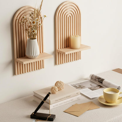 HANLANXUE Boho Wall Decor Set of 2 - Natural Modern Minimalist Mid Century Wall Candle Holder for Living Room Bedroom- Wood Bohemian Decor for Bathroom Nursery Bedroom