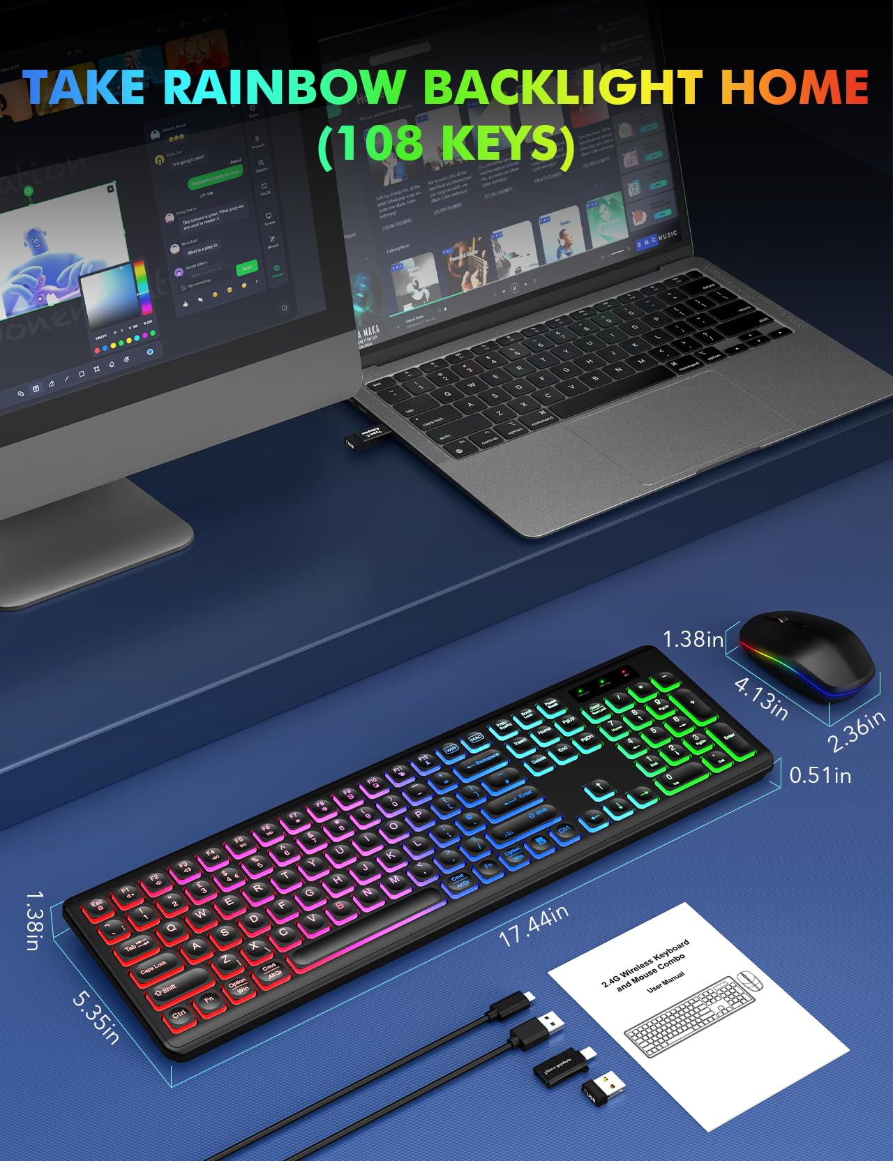 Wireless Keyboard and Mouse Backlight, USB-C Rechargeable & Light Up Keys, Full-size & Tilt Legs, Sleep Mode, 2.4GHz Silent Cordless Keyboard Mouse Combo for Mac OS/Windows/PC/Laptop- Black/QWERTY