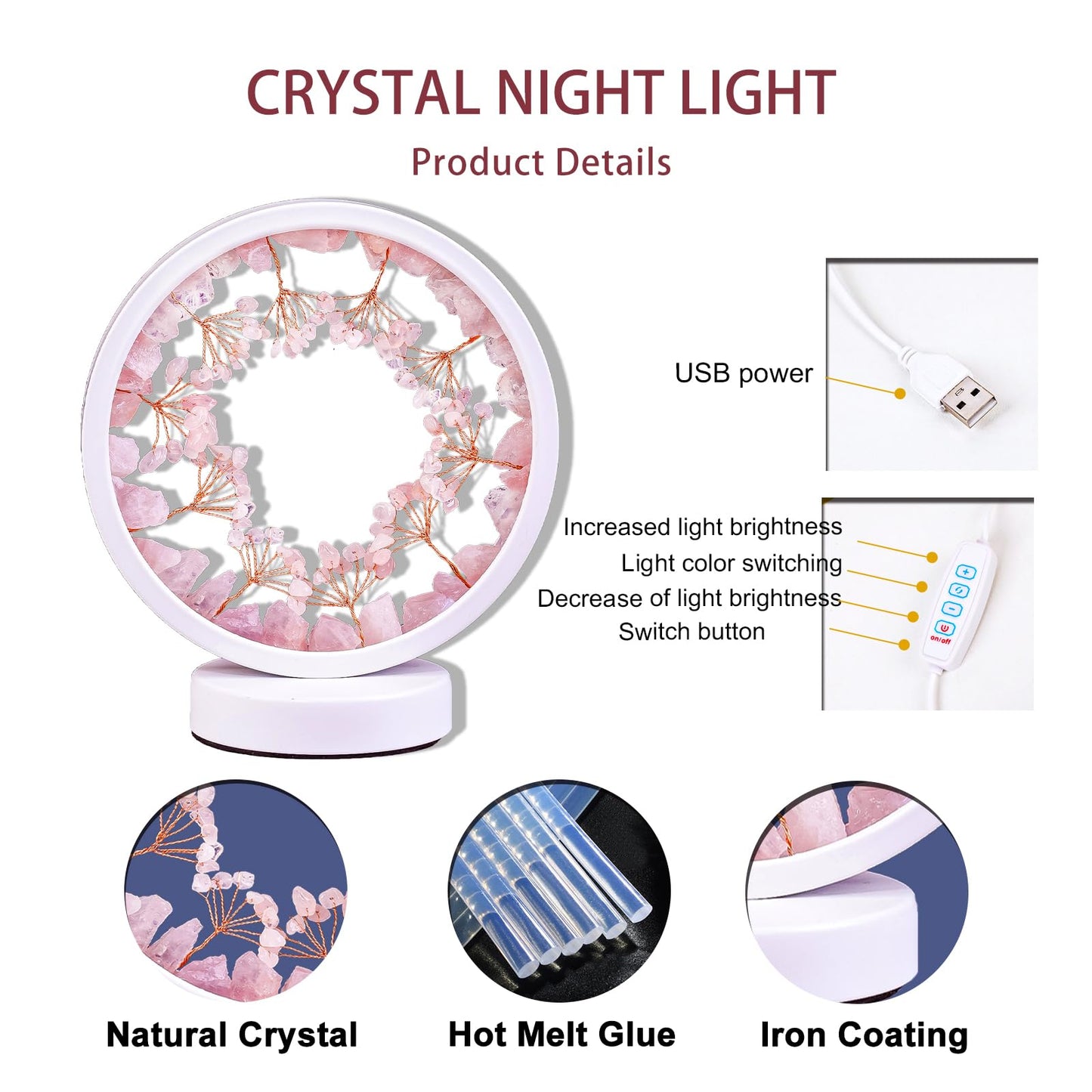 Runyangshi Crystal Night Lamp Natural Rose Quartz Crystals Small Tree Bedside Ambient Lamp USB Port 3 Colours Adjustable Lamp Suitable Night Light for Living Room Bedroom Office Home Decor Gift