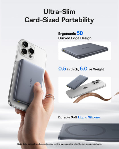 Baseus Picogo Magsafe Portable Charger, Qi2 Certified 0.5" Ultra Slim 15W Wireless Power Bank, 10000mAh 27W Fast Charging Magnetic Battery Pack with USB-C for iPhone 17/16/15/14/13/12 Series Only