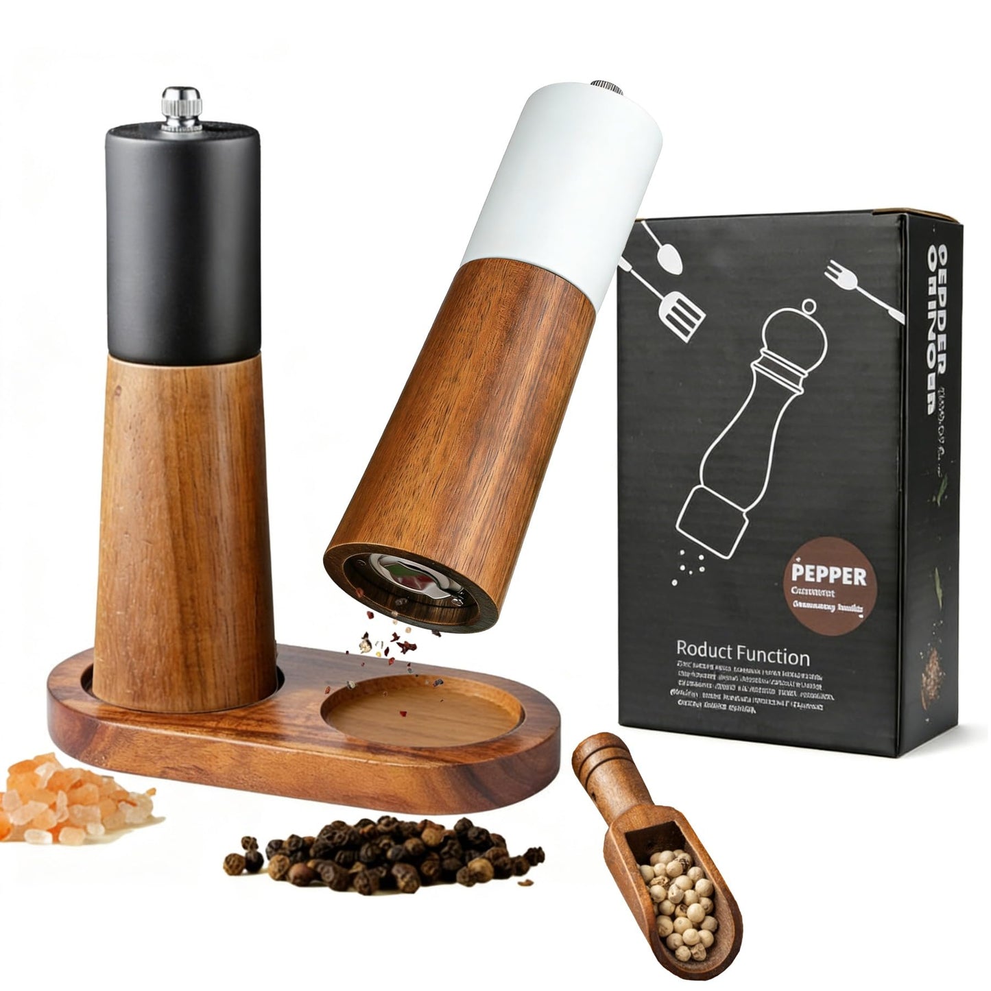 GCFTIFF Wooden Salt and Pepper Grinder Set,Crafted of Solid Acacia Wood with Ceramic Steel Core,Adjust for Customized Coarseness,Pepper Mill with Wooden Stand & Spoon(2pcs white + black,6 inches)