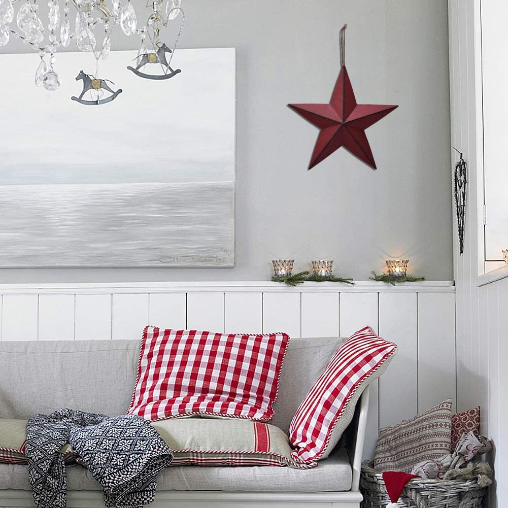 Morning View Red Barn Star Metal Wall Decor Texas Stars Outdoor Hanging Patriotic Star Ornaments Rustic 3D Wall Art 4th of July Memorial Day Decorations Outside 12 Inches (Burgundy)