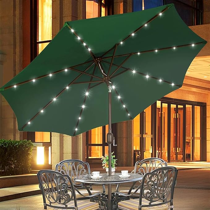 Blissun 9 ft Solar Umbrella, 32 LED Lighted Patio Umbrella, Table Market Umbrella, Outdoor Umbrella for Garden, Deck, Backyard, Pool and Beach (Dark Green)