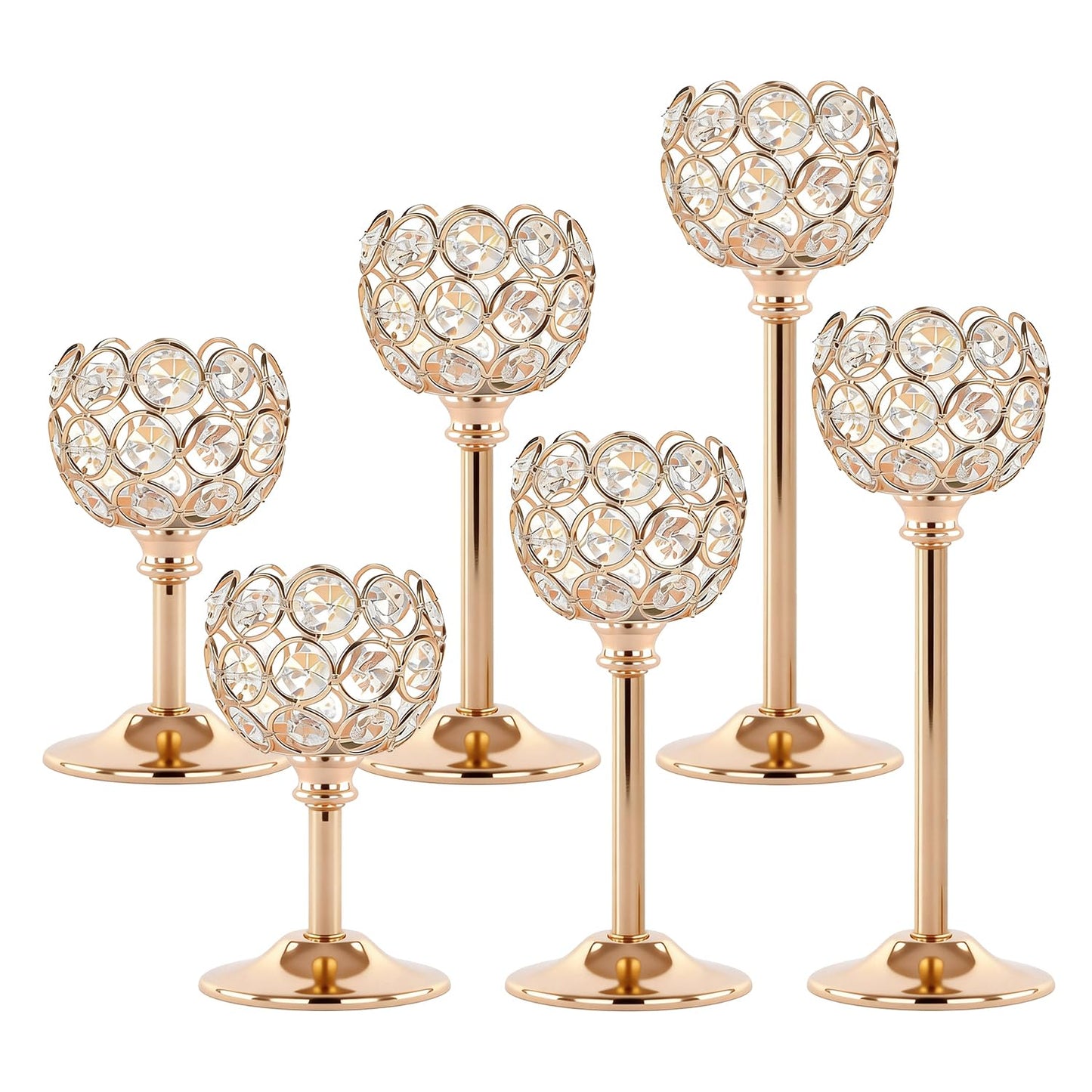 Oakernel Gold Crystal Candle Holders Candlestick Holders - 2 Sets Tall Bling Bowl Candelabra Centerpieces for Dining Table, Wedding, Party & Fireplace Mantel Decor,6Pcs