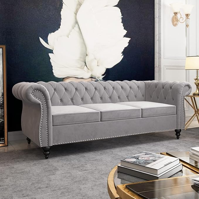 Mid-Century 3 Seater Sofa, Velvet Couch
