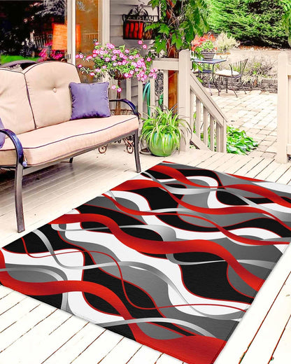 Outdoor Patio Rugs Red Black Lines Outdoor Area Rug Modern Abstract Stripes Non-Slip Backyard/Camping RV Rug/Deck/Porch Rug Front Door Floor Mat Carpet, 4x6ft
