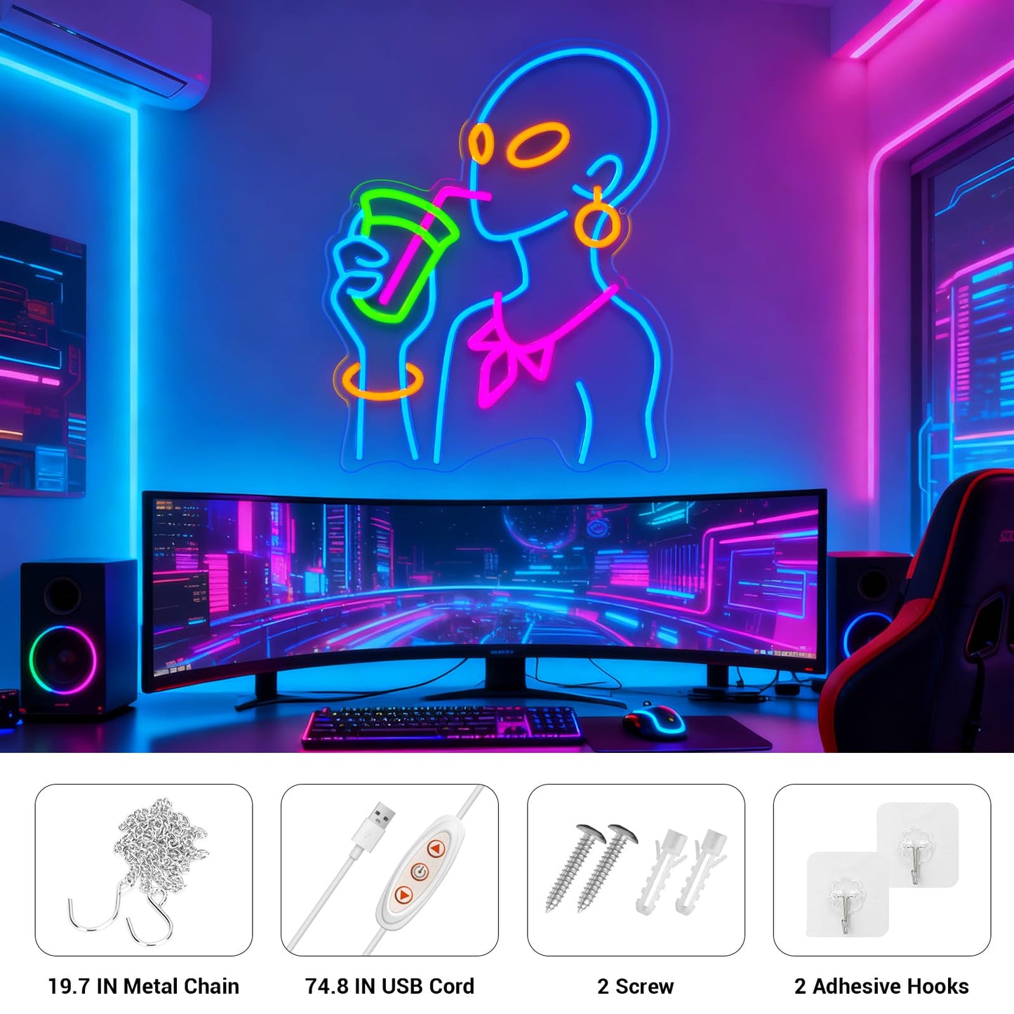 Drinking Neon Signs for Wall Decor, Boho Figure LED Wall Art for Home Bar Decor, USB Dimmable Neon Lights, Housewarming, Birthday, Christmas Gift (Alien Blue)