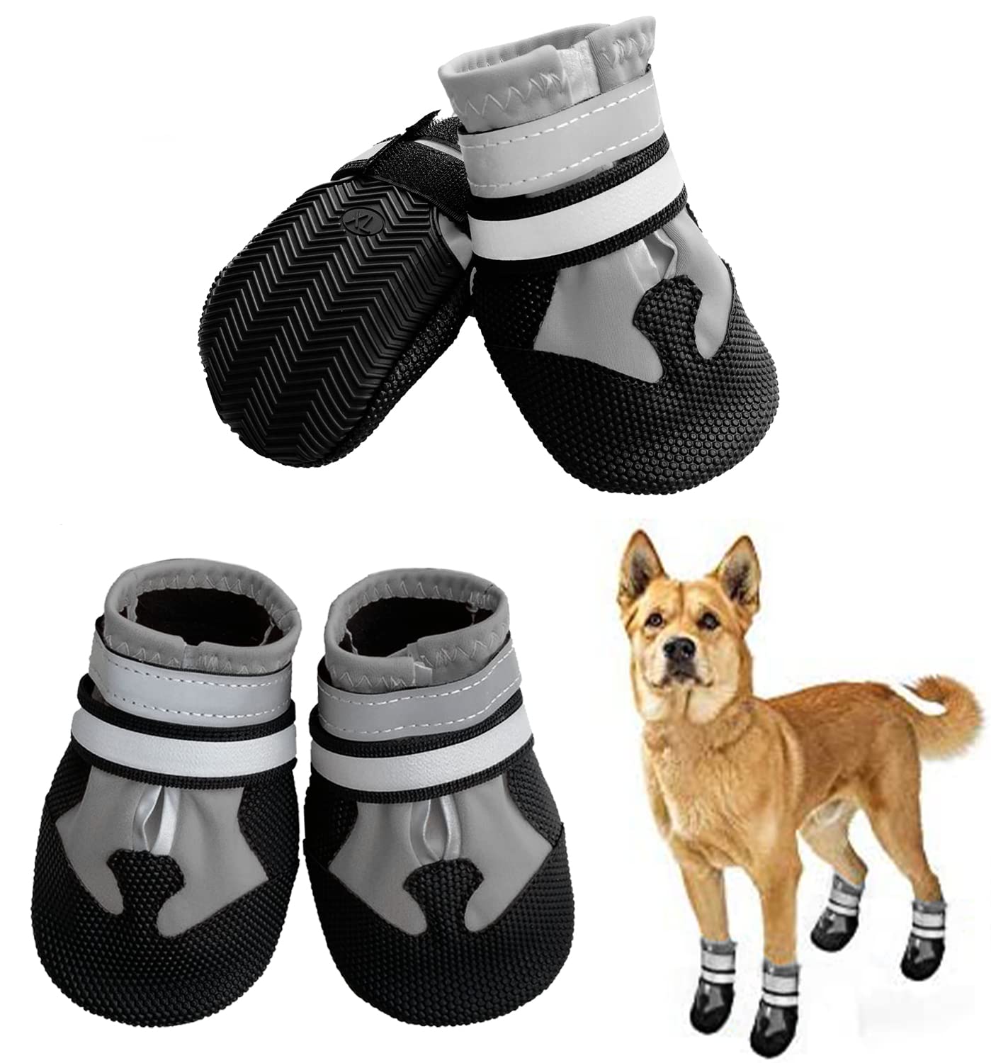 NeuWee Dog Boots, Non-Slip Dog Paw Protectors, Set of 4 Waterproof Dog Shoes with Adjustable Reflective Straps and Anti Slip Sole for Small Medium Large Dogs Outdoor (M, Grey)