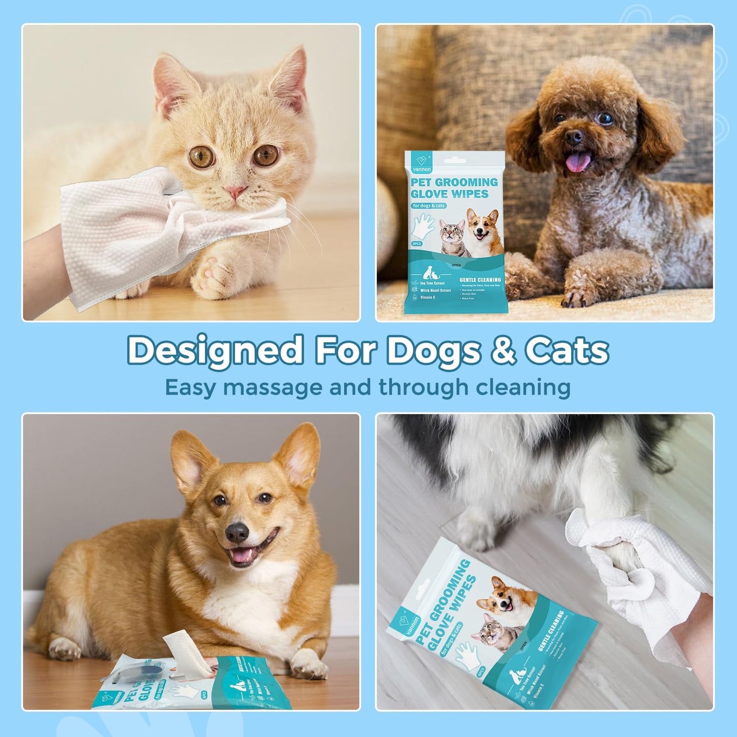 Vannon Extra Thick Pet Bathing Wipes for Dogs & Cats, Cleaning & Odor-Controlling Grooming Gloves, Nourish Fur Glove Wipes for Daily Care and Traveling, Rinse Free, Unscented, 6 PCS