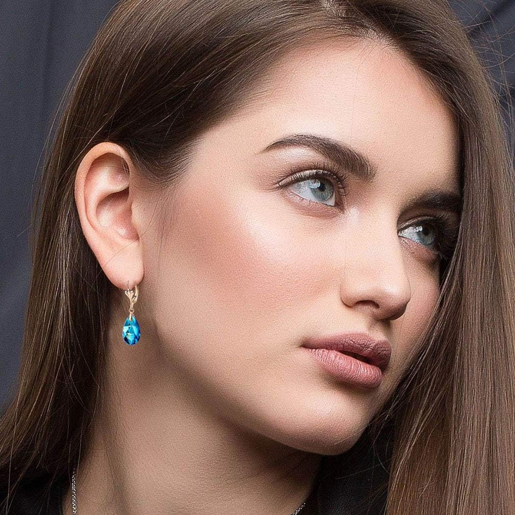Austrian Crystal Teardrop Leverback Dangle Earrings for Women Fashion 14K Gold Plated Hypoallergenic Jewelry (Bermuda Blue)
