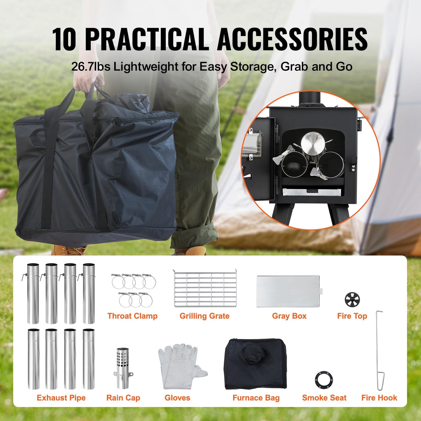 VEVOR Camping Wood Stove Alloy Steel Camping Tent Stove, Portable Wood Burning Stove with Chimney Pipes & Gloves, 1400in³Firebox Hot Tent Stove for Outdoor Cooking and Heating with 8 Pipes