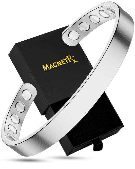 MagnetRX® Magnetic Bracelets for Men & Women - Elegant Bangle Men’s Cuff - Golf/Tennis Elbow & Balance, Stainless Steel Magnetic Bracelets for Women (Polished Silver | Medium)