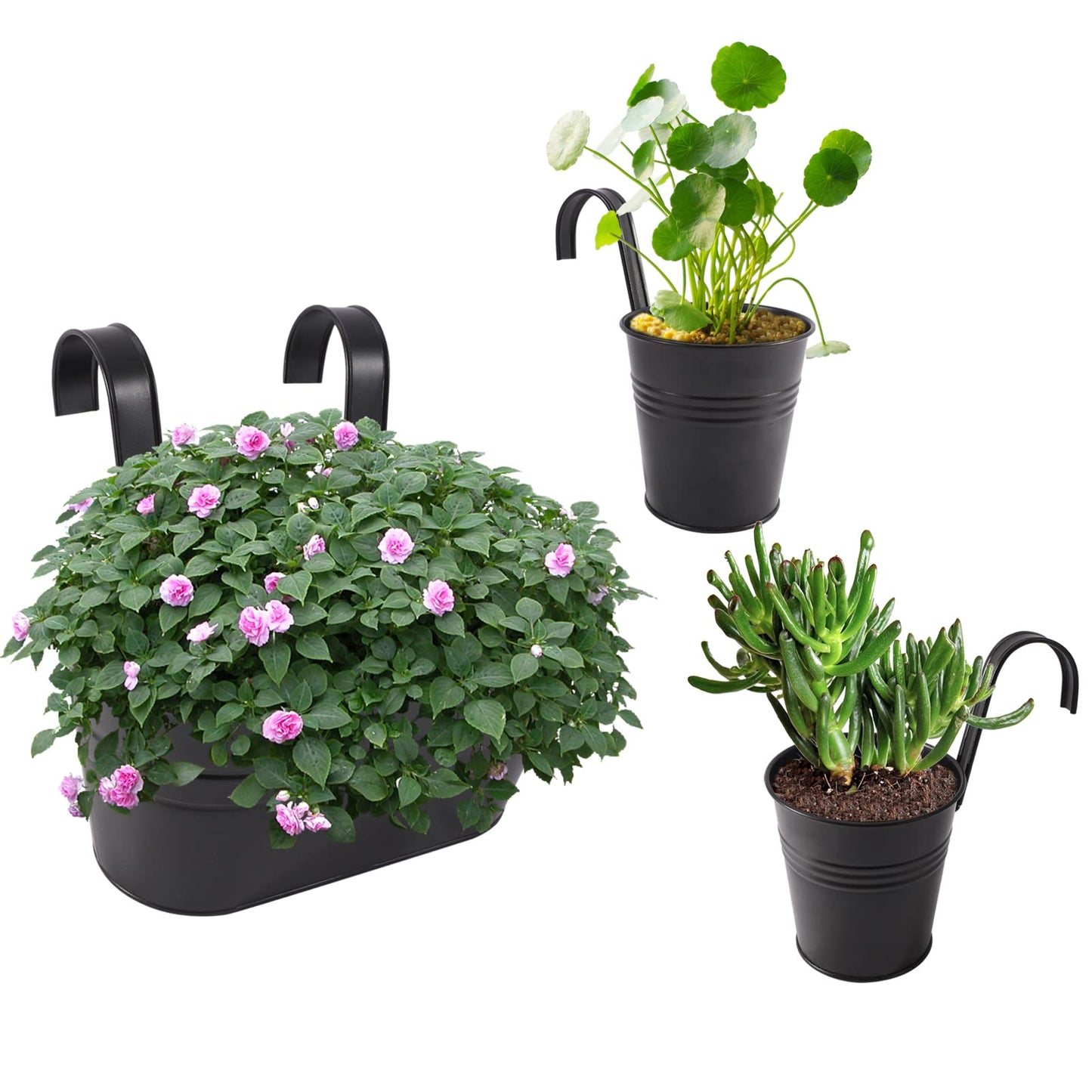 HowRU Metal Iron Flower Pots for Railing Fence Hanging Bucket Pots(5 Pcs) and Hanging Flower Pots Metal Iron Bucket Planter(10 Pcs) (Black)