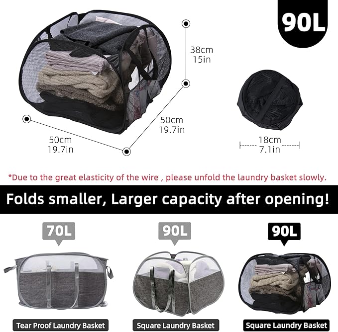 Collapsible Laundry Basket, 90L Foldable Pop-up Laundry Hamper